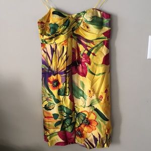 Cache yellow floral strapless bubble skirt dress.
